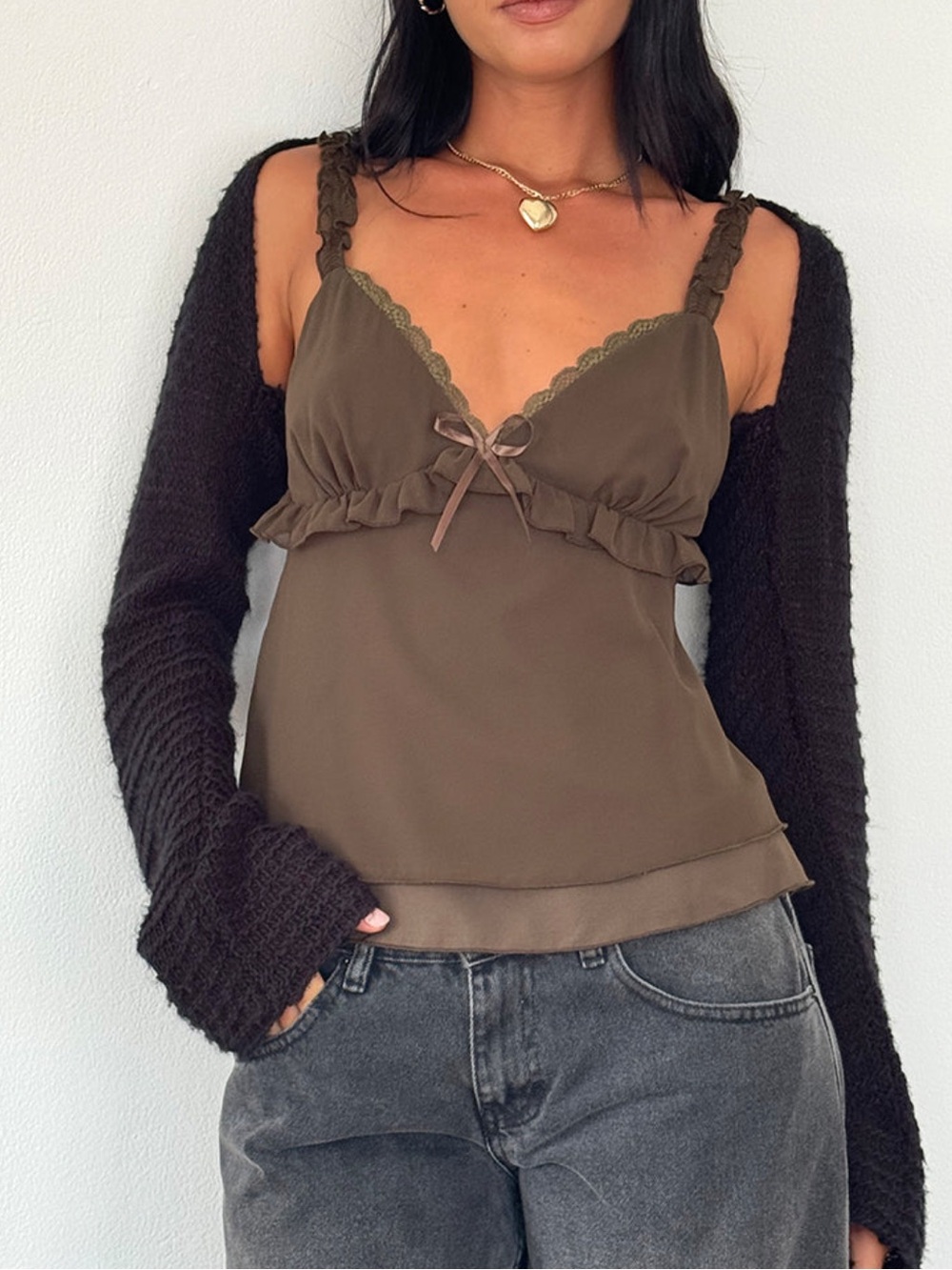 Motel Rocks Melinda Chiffon Olive Green Khaki Lace-Trim Ruffle Cami Top